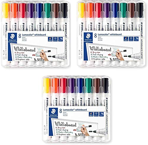 Staedtler Lumocolor 351 WP8 Whiteboard-Marker (Rundspitze ca. 2 mm Linienbreite, Set mit 8 Farben (1 Pack, 3 Packungen) von Staedtler