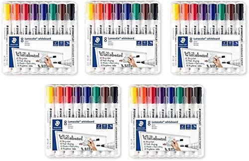 Staedtler Lumocolor 351 WP8 Whiteboard-Marker (Rundspitze ca. 2 mm Linienbreite, Set mit 8 Farben (1 Pack, 5 Packungen) von Staedtler