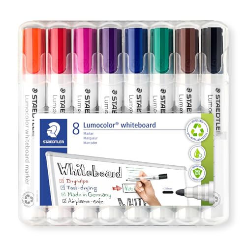 STAEDTLER Whiteboard-Marker Lumocolor, trocken und rückstandsfrei abwischbar von Whiteboards, ca. 2 mm Linienbreite, hohe Qualität, Rundspitze, Set mit 8 Farben, 351 WP8 von Staedtler