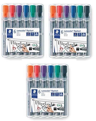 Staedtler Lumocolor 356 B WP6 Flipchart-Marker, Keilspitze ca. 2 oder 5 mm Linienbreite, Set mit 6 Farben, (6er Etui (3x)) von Staedtler