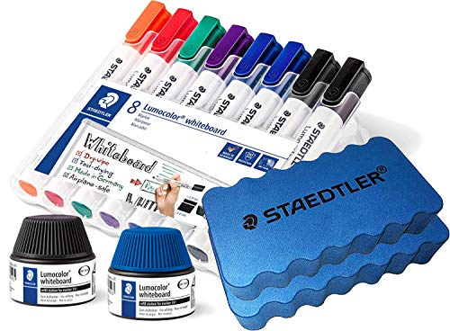 Staedtler Lumocolor Whiteboard-Marker Keilspitze ca. 2 oder 5 mm Linienbreite, Set mit 8 Markern + Nachfüllstationen schwarz und blau + 2 Löscher Eco Pack von Staedtler