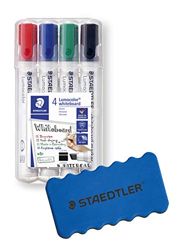 Staedtler Lumocolor Whiteboard-Marker Set mit 4 Farben, Keilspitze (4 Stück Keilspitze + Löscher) von Staedtler
