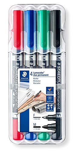 Staedtler Lumocolor duo 348 WP4 permanent marker (1 Packung, Schwarz, Blau, Grün, Rot, 2) von Staedtler