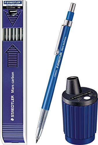 Staedtler Mars Technico 780 C Fallminenstift, hohe Qualität, mit Metallclip und HB Mine + Fallminen HB und Spitzdose von Staedtler