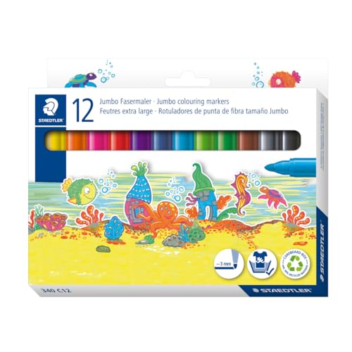 STAEDTLER Noris® 340 Jumbo Fasermaler, Speziell für kleine Kinderhände, Kartonetui mit 12 Fasermalern in sortierten Farben, 340 C12 von Staedtler