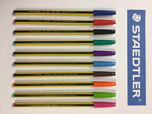 Staedtler Noris Stick Kugelschreiber 434 M, 1 mm, 10 Stück, klassische Farben (Blau, Rot, Schwarz, Grün) kräftige Farben (Blau, Fuxia, Lila, Braun, Orange, Hellgrün) von Staedtler