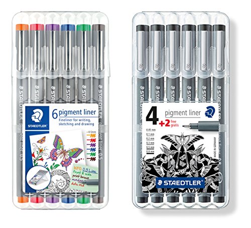 Staedtler Pigment Liner Fineliner 6er Set, mit Box (1x Sortiert 0,5mm + 1x Standard Set Schwarz) von STAEDTLER