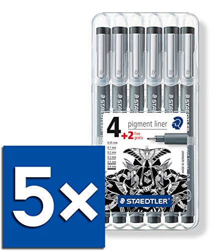 Staedtler Pigment Liner Fineliner 6er Set, mit Box (5X Standard Set Schwarz) von Staedtler