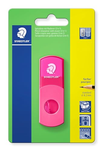 STAEDTLER Spitzdose mit Radierer, neon-pink, phthalat- und latexfrei, für Stifte im Standardformat, wiederverschließbar, 2 in 1 Spitzer auf Blisterkarte, 511SEF20BK von Staedtler