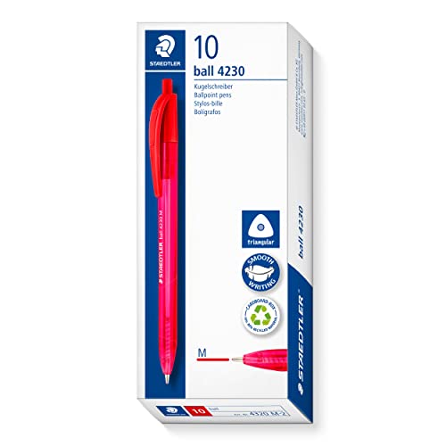 STAEDTLER dreikant retract Kugelschreiber, Schreibfarbe rot, Linienbreite M ca. 1,00 mm, für entspanntes Schreiben, 10 rote Kugelschreiber im Kartonetui, 4230 M-2 von Staedtler