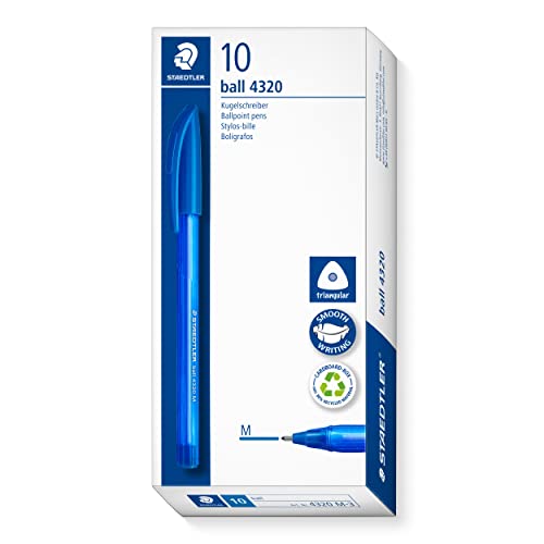 STAEDTLER dreikant stick Kugelschreiber, Schreibfarbe blau, Linienbreite M ca. 1,00 mm, für entspanntes Schreiben, 10 blaue Kugelschreiber im Kartonetui, 4320 M-3 von Staedtler