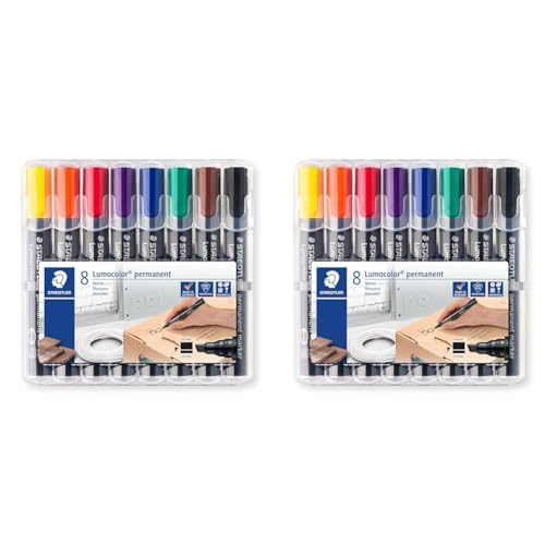 Staedtler permanent Marker Lumocolor, Keilspitze 2 mm oder 5 mm, wisch- und wasserfest, nachfüllbar, farbintensiv, geruchsarm, 8 Farben in der aufstellbaren Box, 350 WP8 (Packung mit 2) von STAEDTLER