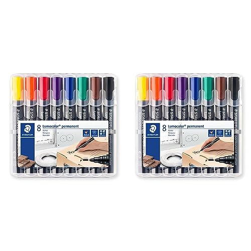 Staedtler permanent Marker Lumocolor, wisch- und wasserfest, blockierte Rundspitze, Linienbreite 2mm, sekundenschnell trocken, nachfüllbar, 8 Marker in sortierten Farben, 352 WP8 (Packung mit 2) von Staedtler