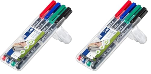 Staedtler permanenter Universalstift Lumocolor, wisch- und wasserfest, sekundenschnell trocken, nachfüllbar, F-Spitze - Linienbreite 0,6 mm, 4 Marker in sortierten Farben, 318 WP4 (Packung mit 2) von Staedtler