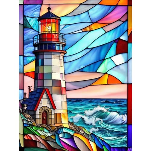 Stalente Diamond Painting Erwachsene Set, 5D DIY Diamond Art Kits for Beginners Round Full Drill Diamond Painting for Home Wall Decoration Gift 30×40cm/12×16inch, Stained Glass Leuchtturm von Stalente