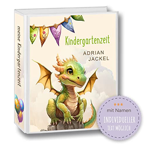 Kindergarten Ordner personalisiert mit Namen und Wunschtext Cut Dragons Grün Dinosaurier A4 - Meine Kindergartenzeit Kindergartenordner Portfolioordner Sammelordner Junge Mädchen von Stammbuchshop