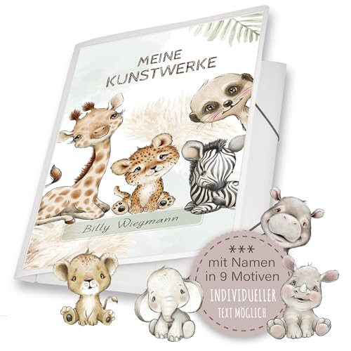 Zeichenmappe A4 oder A3 Kindergarten Mappe personalisiert mit Namen Safaro Safari - 9 Motive Meine Kunstwerke Erinnerungsmappe Sammelmappe Junge Mädchen von Stammbuchshop