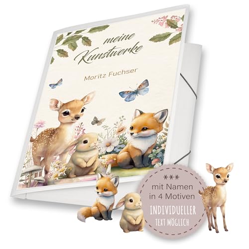 Zeichenmappe A3 Kindergarten Mappe personalisiert mit Namen Sweet Babies Reh Fuchs Hase - Meine Kunstwerke Erinnerungsmappe Sammelmappe Mädchen Junge von Stammbuchshop