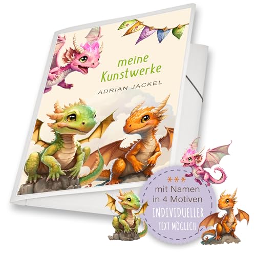 Zeichenmappe A3 Schule Kindergarten Mappe personalisiert Namen Cute Dragon Drachen - Kunstwerke Erinnerungsmappe Sammelmappe Junge Mädchen Rosa Orange Grün von Stammbuchshop