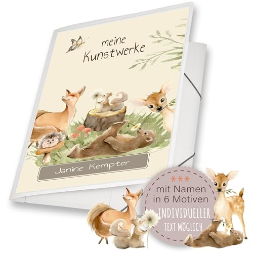 Zeichenmappe A3 Schule Kindergarten Mappe personalisiert Namen Woodland Bär Fuchs Igel Reh Eichhörnchen - Kunstwerke Erinnerungsmappe Sammelmappe Junge Mädchen von Stammbuchshop