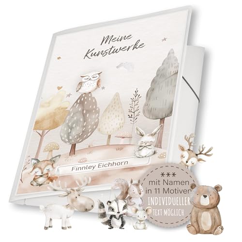 Zeichenmappe A4 oder A3 Schule Kindergarten Mappe personalisiert Namen Wildlife - Bär Fuchs Elch Hirsch Hase Waschbär Ente Kunstwerke Erinnerungsmappe Sammelmappe Junge Mädchen von Stammbuchshop