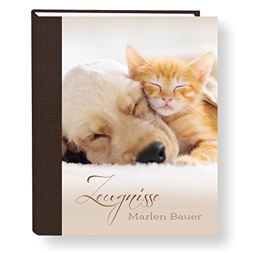 Zeugnismappe personalisiert mit Namen Animal Love A4 ca. 31x24 cm beige Zeugnisbuch Katze Hund Urkundenmappe Einschulung Schulanfang von Stammbuchshop