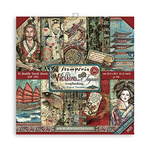 Stamperia SBBS47 Scrapbooking Small Pad 10 Sheets cm 20,3X20,3 (8"X8") -Sir Vagabond in Japan, Paper, Vaious Colours, 8 x 8 inches von Stamperia
