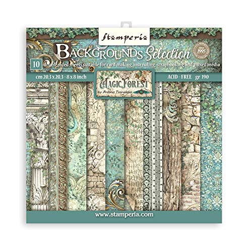 Stamperia International SbBS79 Scrapbooking Small Pad 10 Sheets CM, 3 (8 "X8") Backgrounds Selection Magic Forest, Multicolor, 20.3x20.3cm von Stamperia