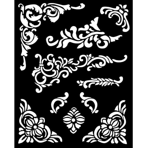 Stamperia, Vintage Library Thick Stencil 20x25cm Corners and Embellishment von Stamperia