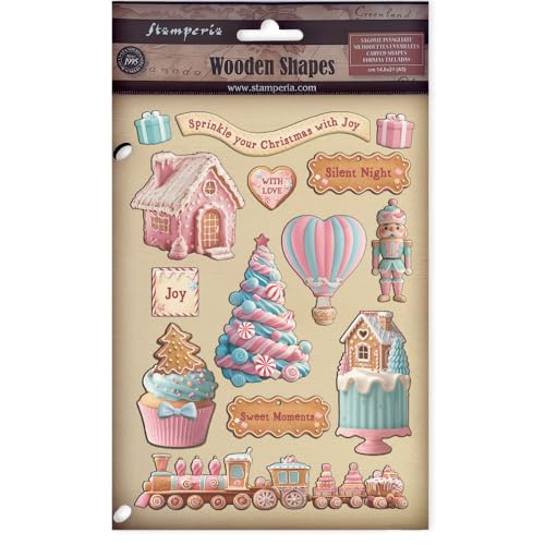 Stamperia - Coloured Wooden Shapes for Scrapbooking, Albums, Card Making, and Bullet Journals, Laser Cut, Printed for Enhanced Detail, Perfect for Hobbies, Crafts and Gifting (Candy Christmas) (A5) von Stamperia