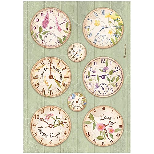 Stamperia DFSA4743 Reispapier – Create Happiness – Welcome Home – Uhren, Multicolour, A4 von Stamperia