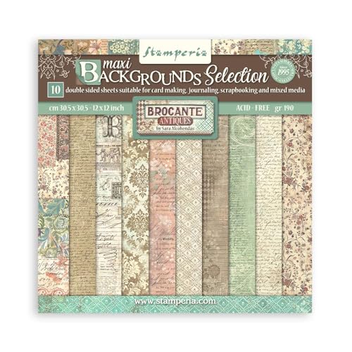 Stamperia - Scrapbook Paper Pad for Scrapbooking, Albums, Cards, Bullet Journals, and More, Acid Free, Double-Sided, Perfect for Crafts, and Gifting (Brocante Antiques Maxi Background) (30.5 x 30.5cm) von Stamperia