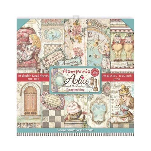 Stamperia International SBBL93 Pad-Double Face Through The Looking Glass Scrapbooking-Block, doppelseitig, Motiv Alice durch das aussehende Glas, verschieden, 12 x 12 inches von Stamperia