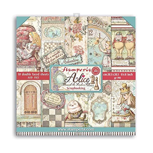 Stamperia SBBS42 Pad-Double Face Through The Looking Glass Mini-Scrapbooking-Block, doppelseitig, Alice durch das aussehende Glas, Papier, Verschieden, 8 x 8 inches, 6 Piece von Stamperia