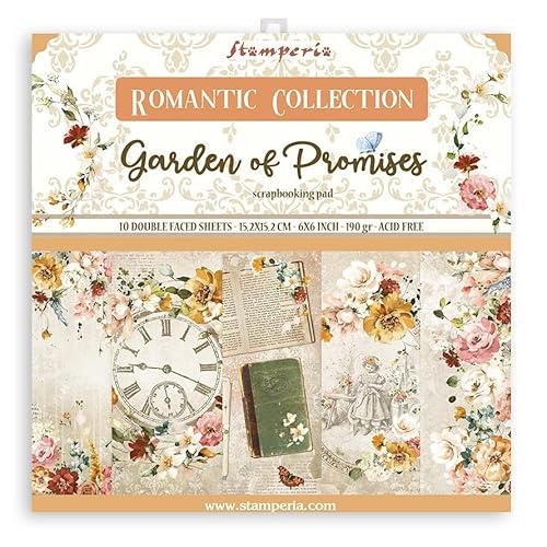 Stamperia SBBXS16 Scrapbooking Extra small Pad 10 Sheets cm 15,24x15,24 (6"x6") -Garden of Promises, Paper, White, One Size von Stamperia