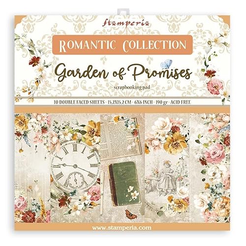 Stamperia SBBXS16 Scrapbooking Extra small Pad 10 Sheets cm 15,24x15,24 (6"x6") -Garden of Promises, Paper, White, One Size von Stamperia