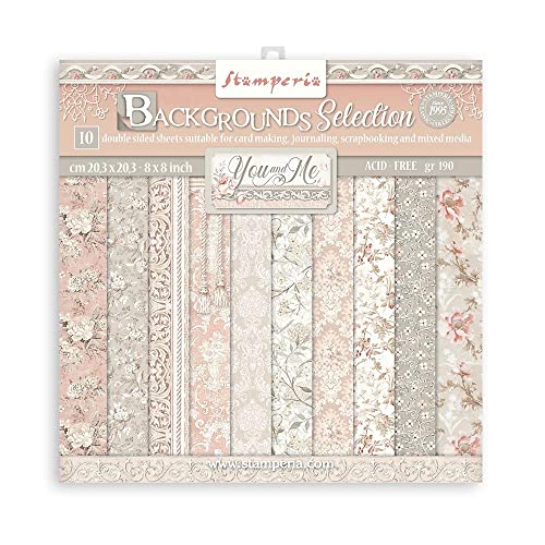 Stamperia Scrapbooking Small Pad 10 sheets cm 20,3X20,3 (8"X8") Backgrounds Selection - You and me, White, One Size, SBBS62 von Stamperia