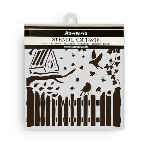 Stamperia - Thick Stencils for Scrapbooks, Albums, Cards, Bullet Journalling, and More, Flexible Material, Easy to Clean, Perfect for Hobbies, Crafts and Gifting (House of Roses, Fence and Birds) von Stamperia
