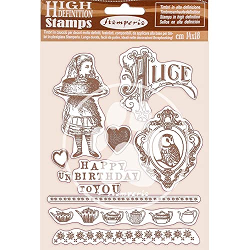 Stamperia WTKCC203 Rubber Stamp HD Gummistempel – Happy Birthday Alice, Gummi, Verschieden, 14 x 18 cm, 3 Piece von Stamperia
