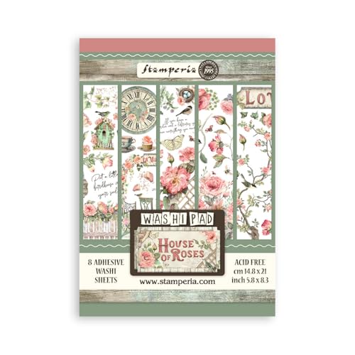 Stamperia - Washi Pad for Scrapbooking, Albums, Card Making, Bullet Journalling and More, Translucent, Easy to Cut, Acid Free, Perfect for Hobbies, Crafts and Gifting (House of Roses) (A5) (8 Sheets) von Stamperia
