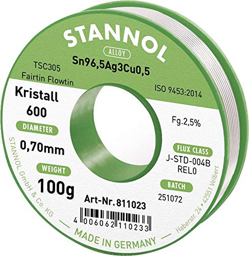 Stannol 811023 FLOWTIN TSC305 Fairtin Kristall 600 Lötdraht, 0,7mm Durchmesser, 100g Spulen von Stannol