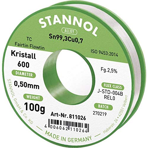 Stannol 811026 FLOWTIN TC Fairtin Kristall 600 Lötdraht, 0,5mm Durchmesser, 100g Spulen 0,5mm x 100g von Stannol