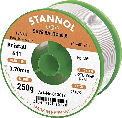 Stannol 813012 Lötdraht Kristall 611 2,5prozent 0,7mm FLOWTIN TSC305 (Sn96,Ag3Cu0,5) Fairtin 250g Spule von Stannol