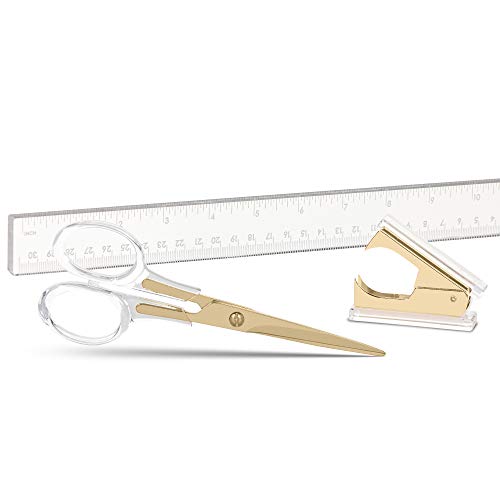 Staple & Stick Heftklammer | Schreibwaren Schreibtischzubehör | Schere, Heftklammerentferner Lineal Set | Gold klares Acryl Lucite | Schreibtischzubehör | Büro Geschenkset |Gold| von Staple & Stick
