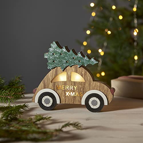 LED Weihnachtsdeko Billy von Star Trading, Auto mit Weihnachtsbaum aus Holz mit Beleuchtung und Timer, warmweiß, batteriebetrieben, Länge: 20 cm von Star