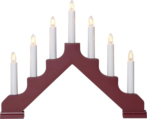 Fensterleuchter Ada von Star Trading, Kerzenständer mit 7 Glühbirnen E10 warmweiß, Weihnachtsdeko aus Holz in Dunkelrot, Kabelschalter, Länge: 37,5 cm von Star