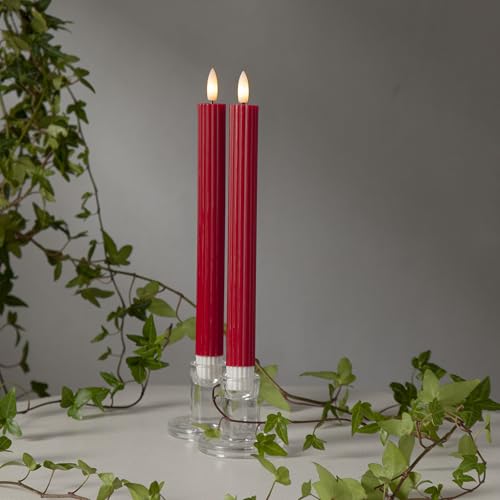 LED-Stabkerze 'Flamme Stripe', 2er Set, Echtwachs, natürliche Flamme, Warmweiss, Rot, Batterie, Timer, 25cm von Star