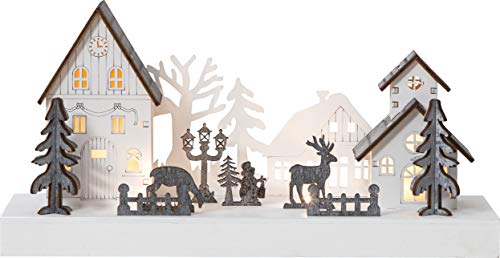 LED Weihnachtsdeko Fauna von Star Trading, Winterdorf aus Holz mit Beleuchtung und Timer, warmweiß, batteriebetrieben, Länge: 28 cm von Star