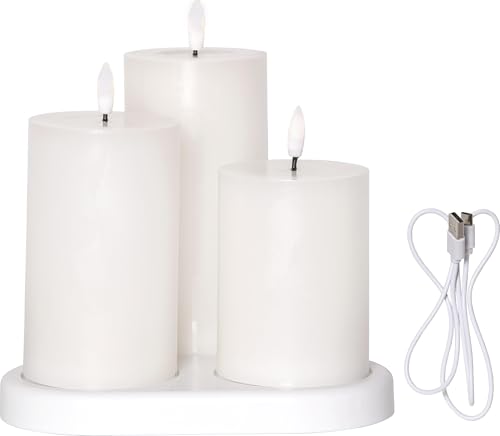 Star 3er-Set weiße Akku-LED Kerzen,Flamme Charge' mit USB Ladestation, Timer, flackernd, H 10 | 12 | 15cm von Star