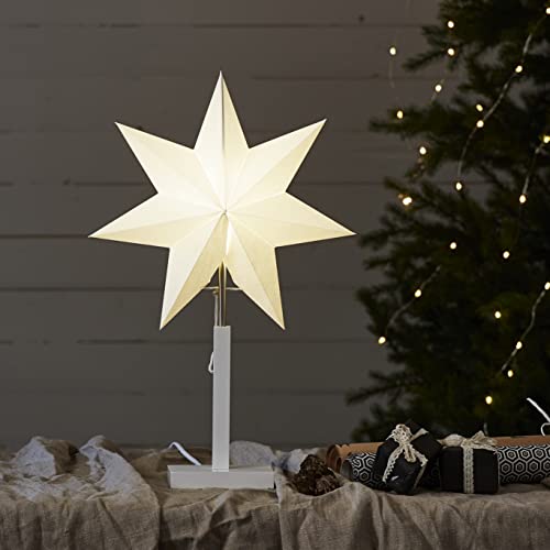 Tischlampe Weihnachtsstern Karo von Star Trading, 3D Papierstern Weihnachten in Weiß mit Holz-Fuß in Weiß, Dekostern Tischleuchte mit Kabelschalter, E14, Höhe: 52 cm von Star